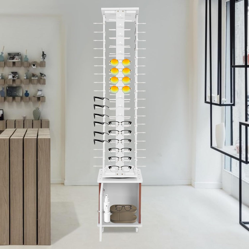 Rotating Glasse Display Stand,72 Pairs Floor-Standing Sunglasses Display Rack w/4 Swivel Wheels,Rotating Eyewear Holder Sunglasses Organizer (White)