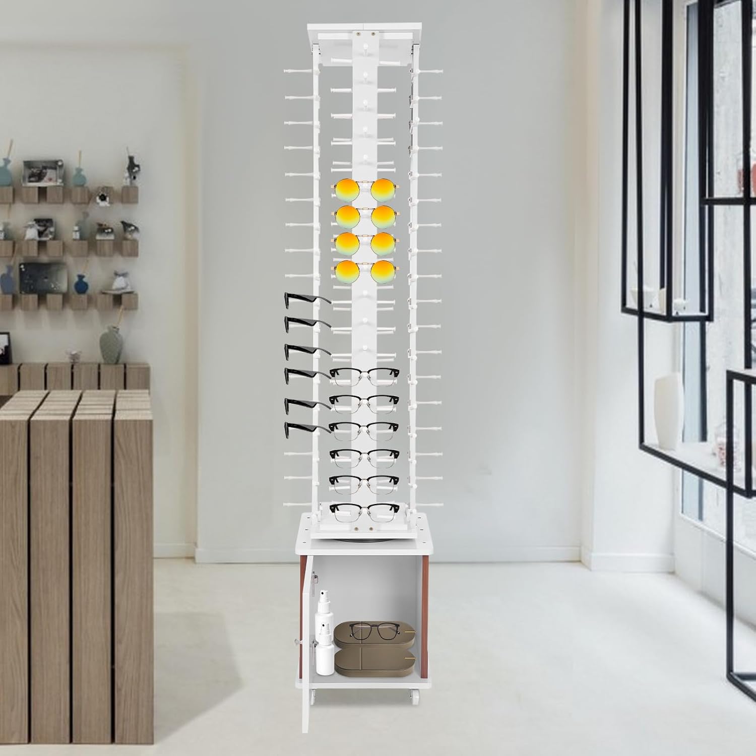 Rotating Glasse Display Stand,72 Pairs Floor-Standing Sunglasses Display Rack w/4 Swivel Wheels,Rotating Eyewear Holder Sunglasses Organizer (White)