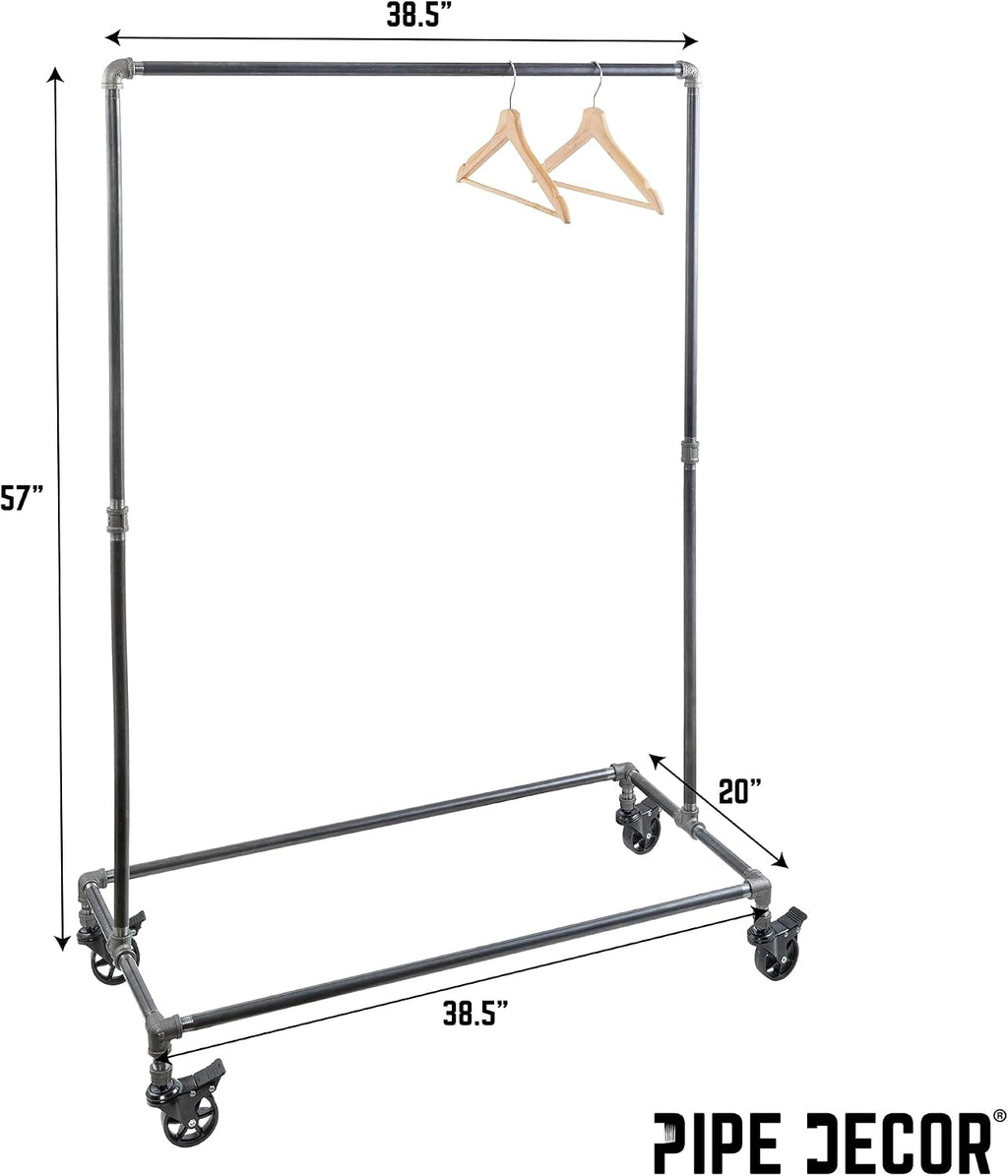 PIPE DECOR 39' x 20 ¼' x 58' Rolling Steel Pipe Clothing Rack, Commercial or Residential Industrial Clothes Display, Heavy Duty Black Steel Metal Wheeled Garment Frame
