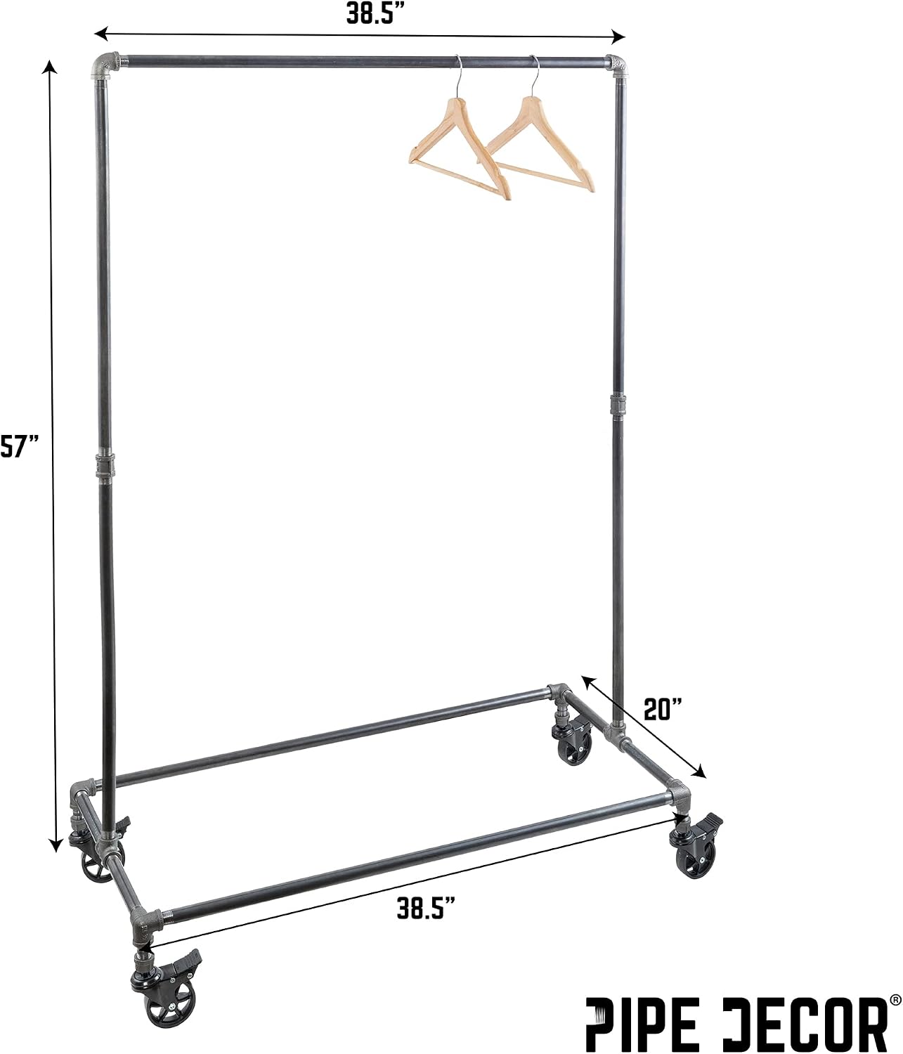PIPE DECOR 39' x 20 ¼' x 58' Rolling Steel Pipe Clothing Rack, Commercial or Residential Industrial Clothes Display, Heavy Duty Black Steel Metal Wheeled Garment Frame