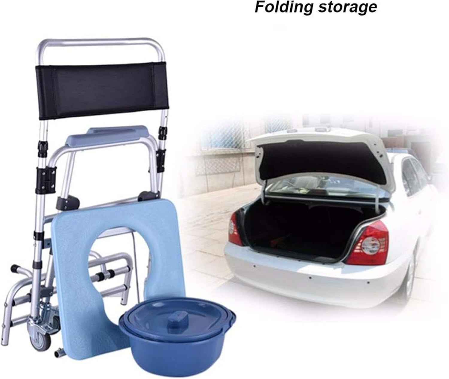 Toilet Chair Shower Chair Bariatric Toilet Seat Folding Mobile Wheelchair with Non-Slip Handles and Bucket Footrests for Seniors Bathroom Safety
