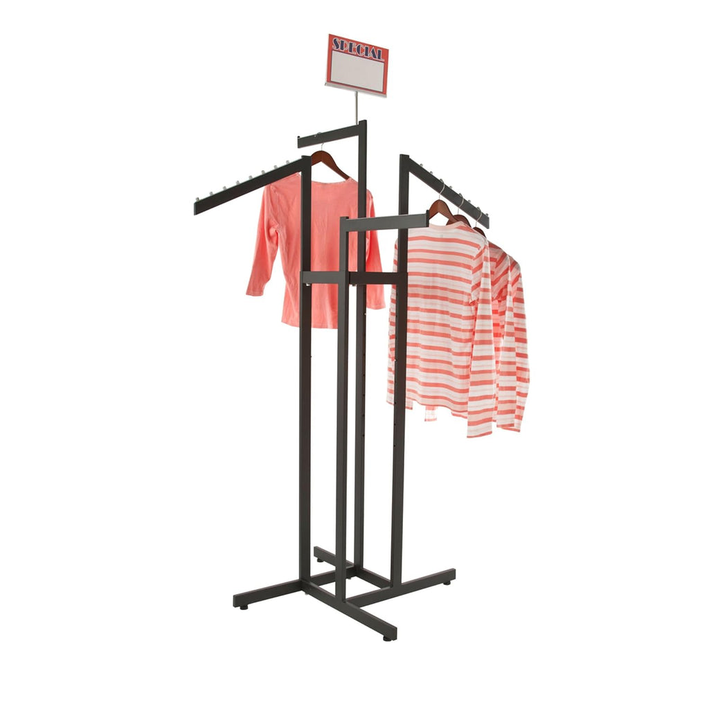 Econoco 4-Way Clothing Rack, Heavy Duty Adjustable Garment Display with 2 Straight and 2 Slanted Arms, Square Tubing, Black