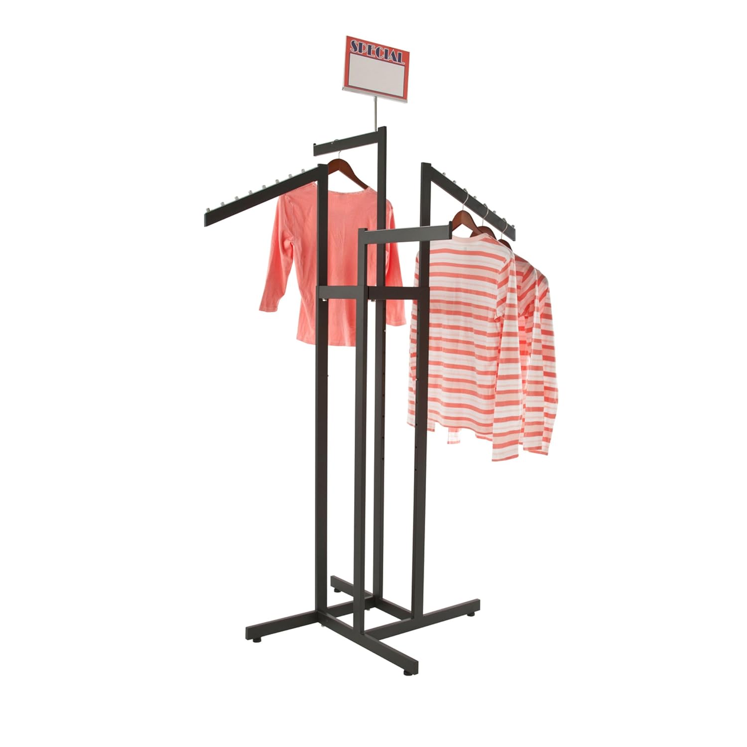 Econoco 4-Way Clothing Rack, Heavy Duty Adjustable Garment Display with 2 Straight and 2 Slanted Arms, Square Tubing, Black