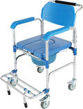 Bedside Commodes Chair with Wheels for Seniors Portable Shower Chair 330 Lb Capacity- Heavy Duty Raised Toilet Seat with Anti-Rollover Foot Pedal Armrests and Bucket, Blue