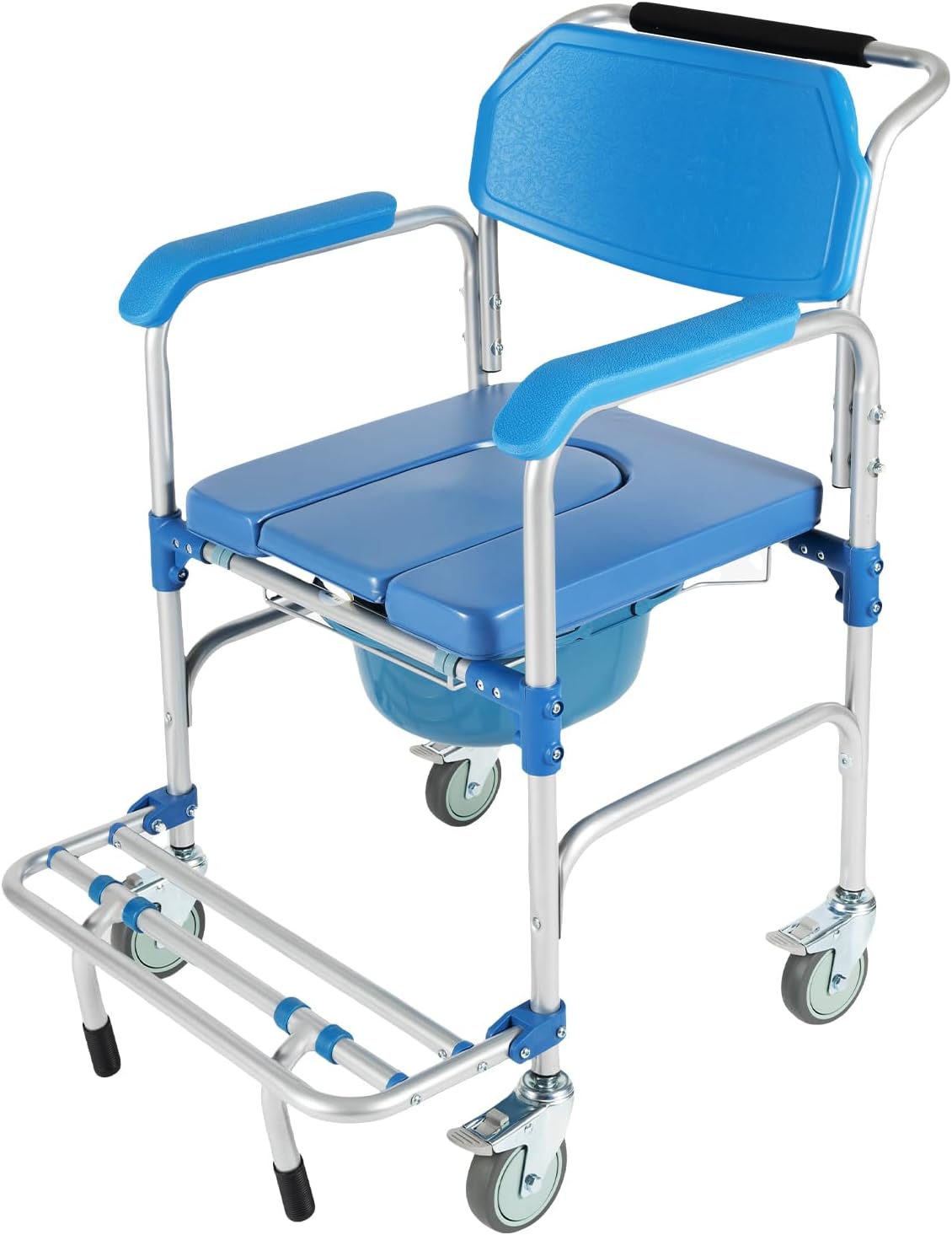 Bedside Commodes Chair with Wheels for Seniors Portable Shower Chair 330 Lb Capacity- Heavy Duty Raised Toilet Seat with Anti-Rollover Foot Pedal Armrests and Bucket, Blue