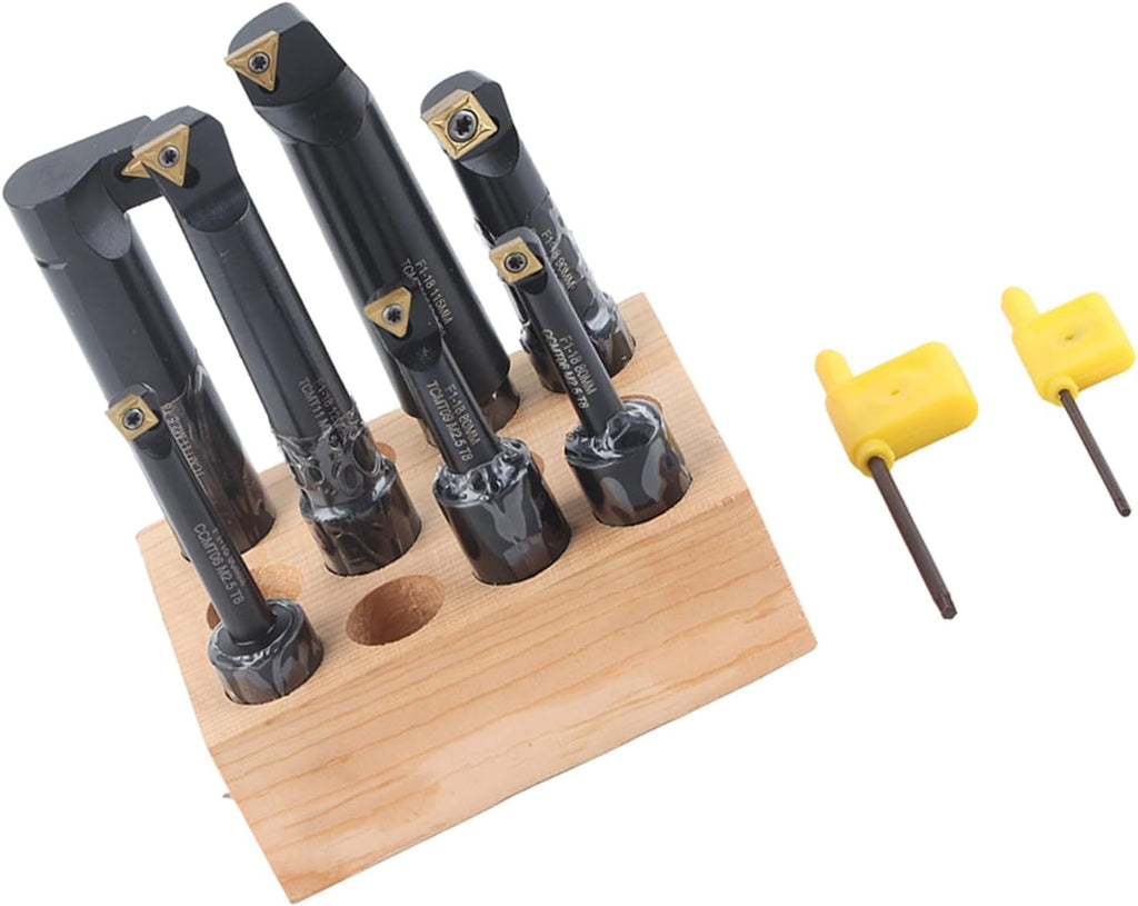 7Pcs Boring Tool Set, Indexable Cemented Carbide Turning Bar Holder, Round Shank Boring Bar for Lathe and Boring Machine, F1-18 with Wood Block Storage