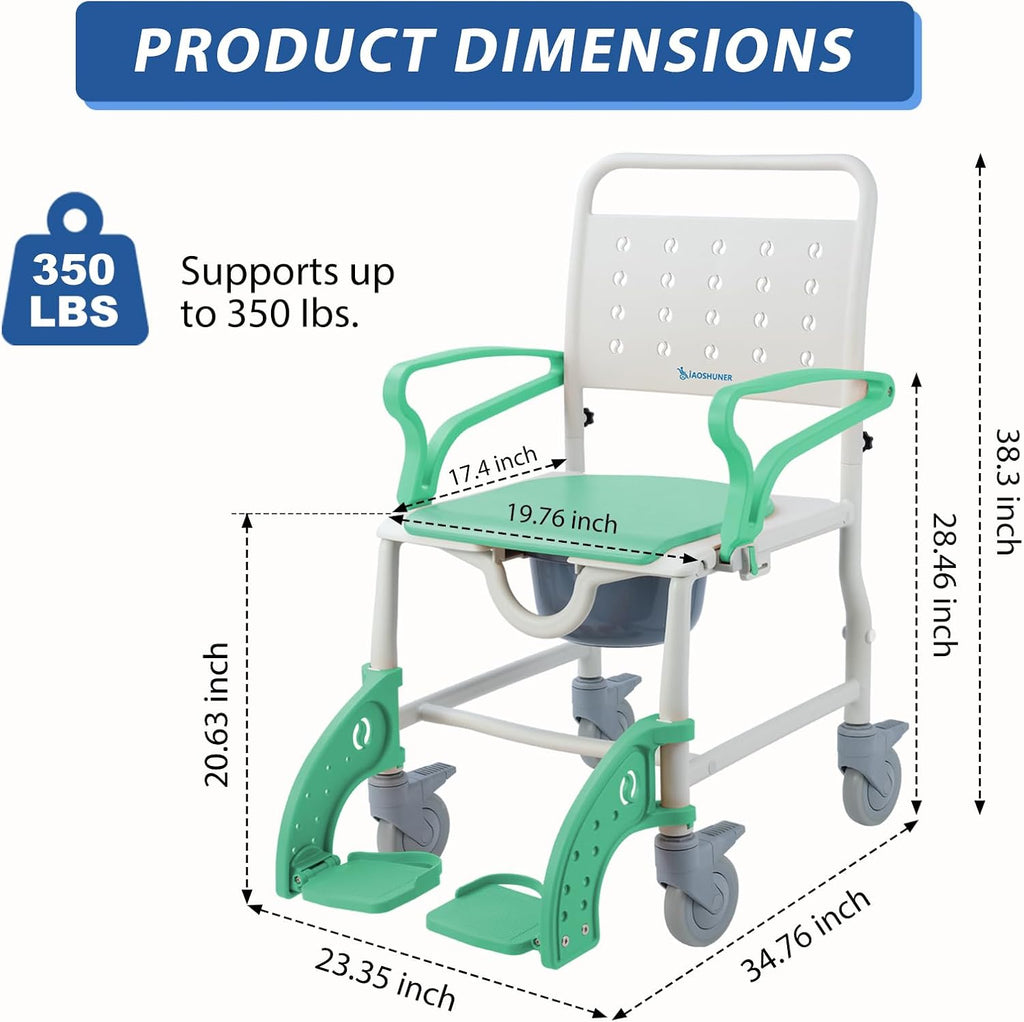 4 in 1 Rolling Shower Chair with Wheels for Elderly and Disabled, Shower Wheelchair with Flip-Up Arms & 4 Locking Wheels, Adjustable Footrests, Bedside Commode, Fits Over Toilet, Green