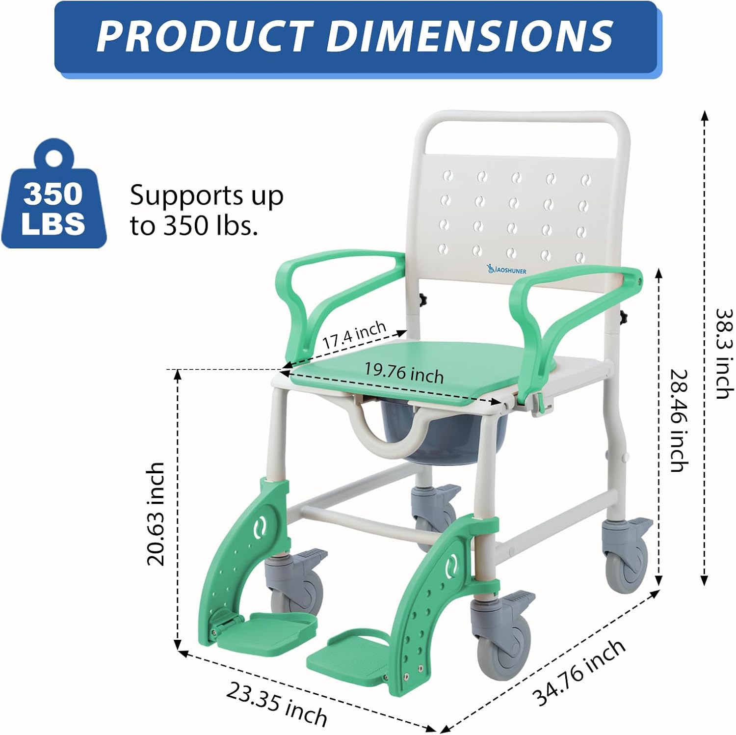 4 in 1 Rolling Shower Chair with Wheels for Elderly and Disabled, Shower Wheelchair with Flip-Up Arms & 4 Locking Wheels, Adjustable Footrests, Bedside Commode, Fits Over Toilet, Green