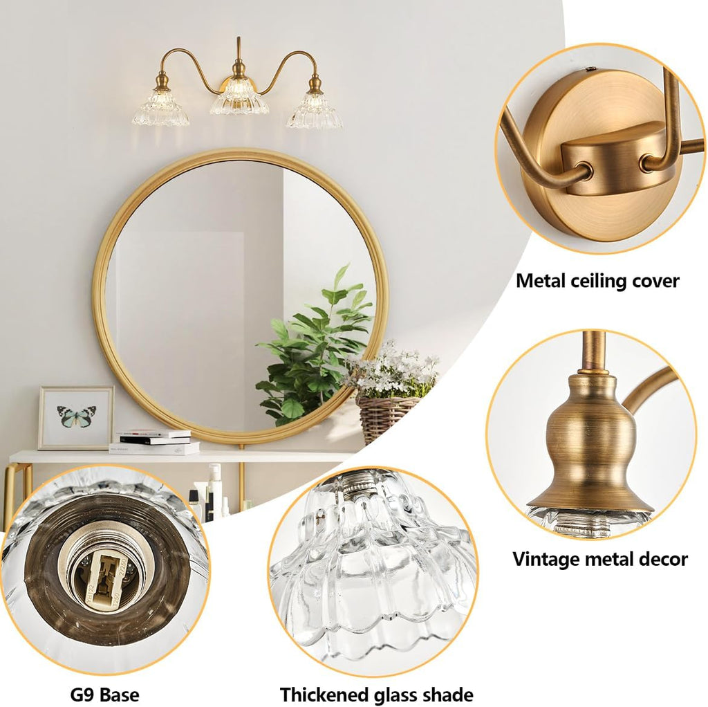 3-Light Bathroom Vanity Light Vintage Brass Wall Sconce with Clear Ribbed Glass Shades Farmhouse Bathroom Light Fixture Over Mirror G9 Base Wall Mount Lighting for Bathroom Hallway Bedroom