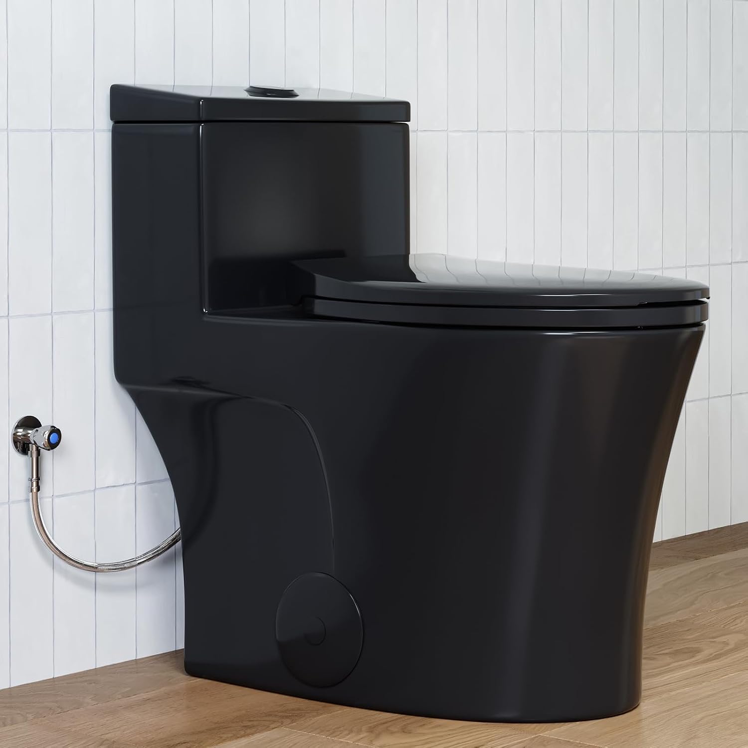 HOROW T0338WB Elongated One Piece Toilet 10' Rough-in, Matte Black Toilet with Comfortable 17.3' ADA Chair Height Seat, Powerful Dual Flush Modern Toilet for Bathroom