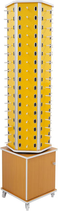 Sunglasses Retail Display Rack, 6-Sided Wood Floor-standing Eyeglass Holder, 102-Pair Eyewear Holder, 360°Rotating, with Storage Cabinet & 4 Swivel Wheels for Retail Exhibition (Yellow)