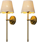 Industrial Vintage Wall Sconce Light Set of 2, Boho Rattan Shade with Long Arm Antique Brass Wall Mounted Lamp, Indoor Up and Down Wall Light Fixture for Bedroom Living Room Hallway