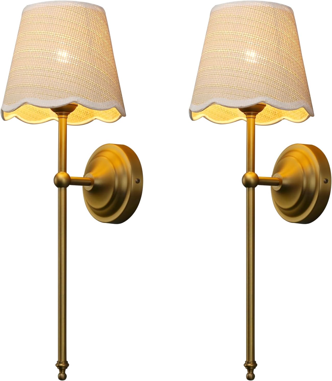 Industrial Vintage Wall Sconce Light Set of 2, Boho Rattan Shade with Long Arm Antique Brass Wall Mounted Lamp, Indoor Up and Down Wall Light Fixture for Bedroom Living Room Hallway