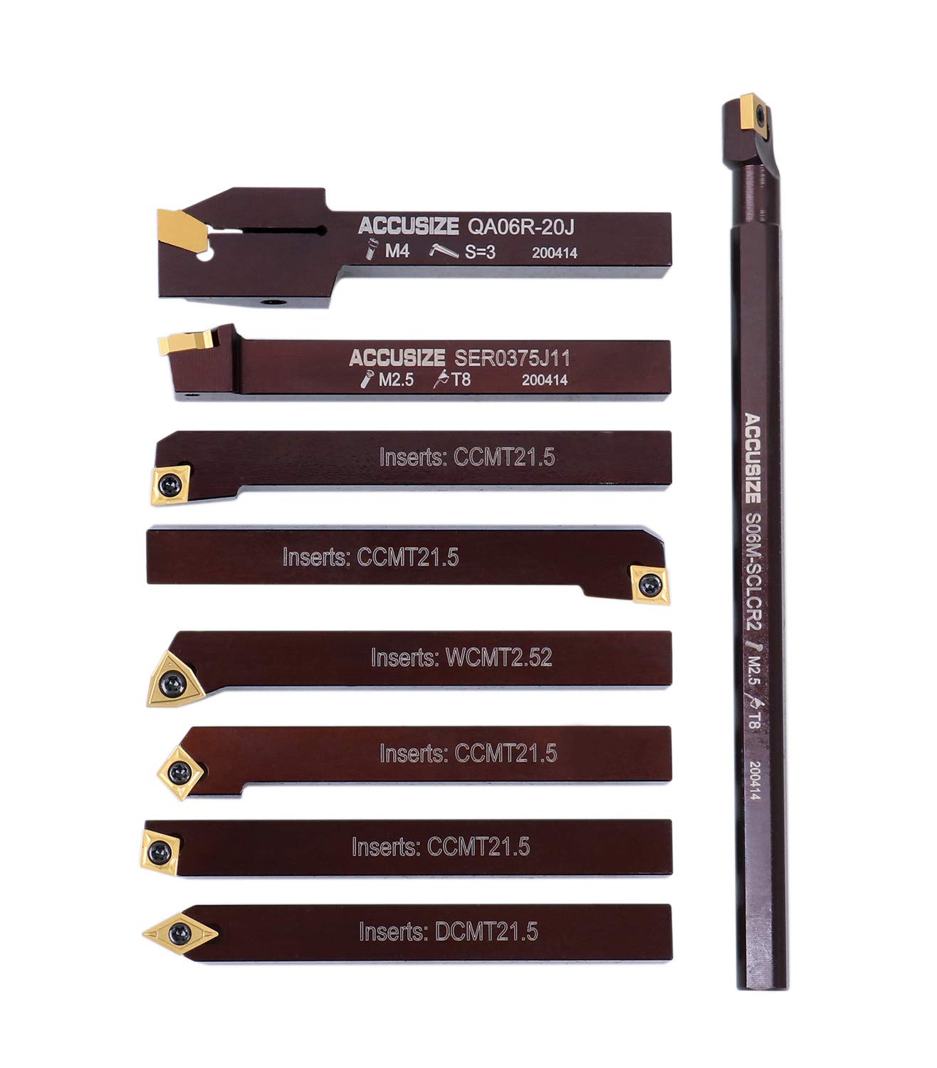 Accusize Industrial Tools 3/8' 9 Pieces/Set, Indexable Carbide Turning Tools and Boring Bar, 2988-0038 | 3/8' Shank 9pc Indexable Carbide Turning Tool & Boring Bar Set, C6 Grade Carbide TiN-Coated Inserts for Cutting Steel