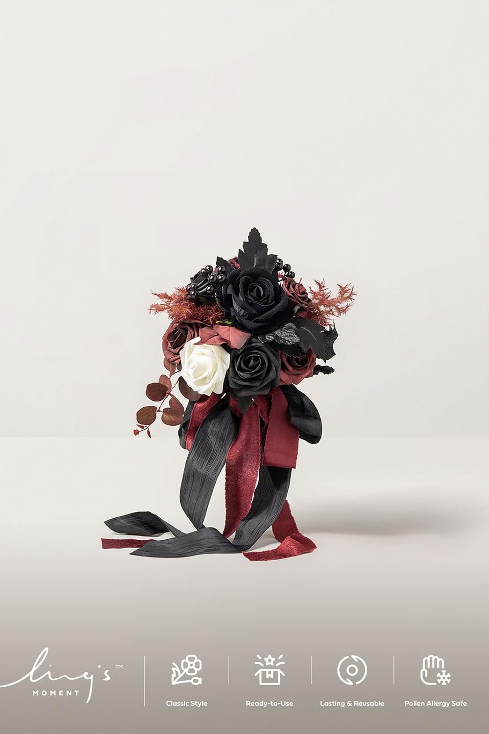 Ling's moment Wedding Artificial Flowers Package, Bridal Bouquet, Bridesmaid Bouquets, Boutonniere for Men, Rose Petals.Black Baccara Red