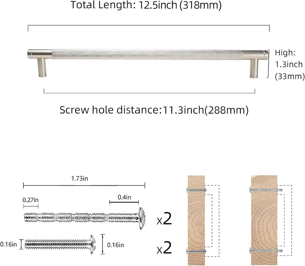 6 Pack Brushed Satin Nickel Cabinet Handles 11.3 Inch Knurled Kitchen Drawer Pulls Modern Cabinet Door Hardware for Cupboards & Dressers Stylish Silver Finish