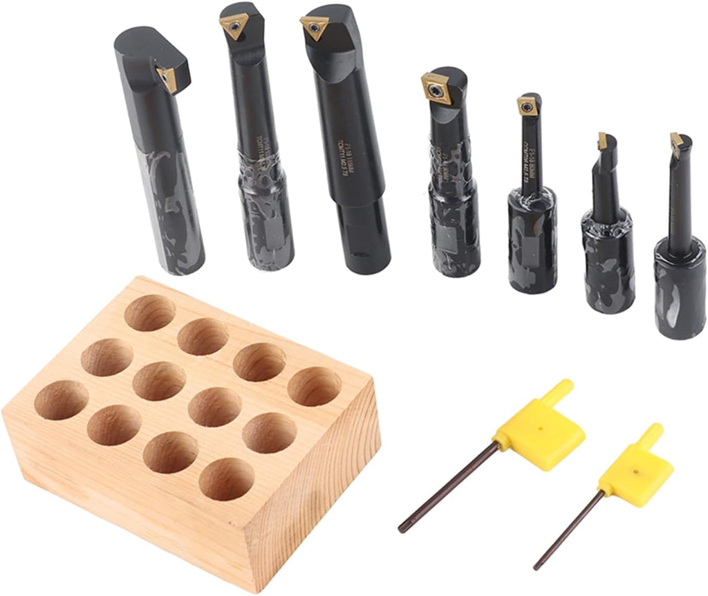7Pcs Boring Tool Set, Indexable Cemented Carbide Turning Bar Holder, Round Shank Boring Bar for Lathe and Boring Machine, F1-18 with Wood Block Storage