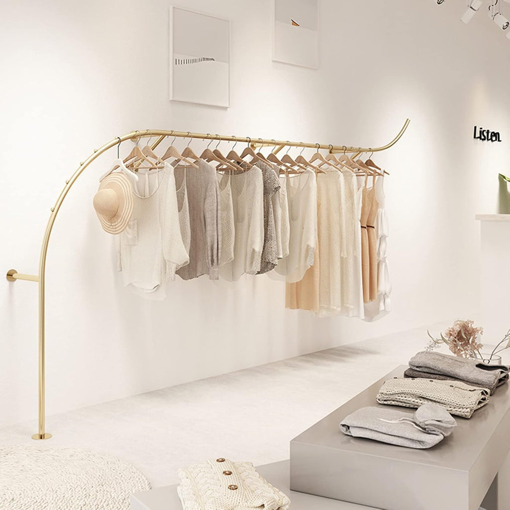 2 Pcs Clothing Store Display Stands Garment Rack, Wall Mounted Storage Clothes Shoe Bag Pipe Shelf, Retail Clothes Hanger Entrance Porch Organization Hanging Rod, Gold Closet Organizer Towel Rack