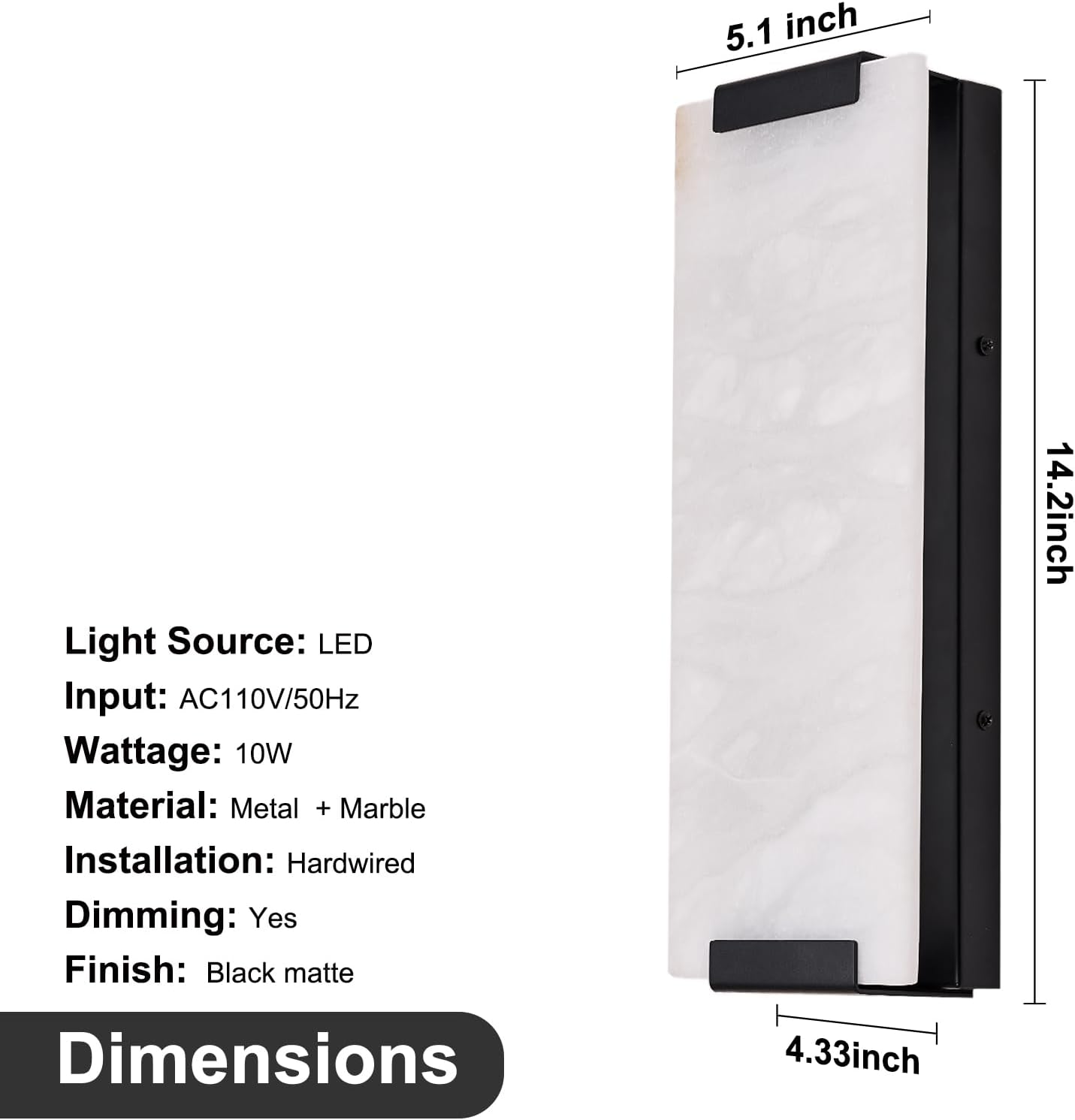 14.2in Alabaster Wall Sconces, Large Natural Marble Wall Sconces Set of Two, LED Modern Wall Lamp for Bedroom, Stairs, Living Room, Vanity, Bedside, Hallway （Black 12W）