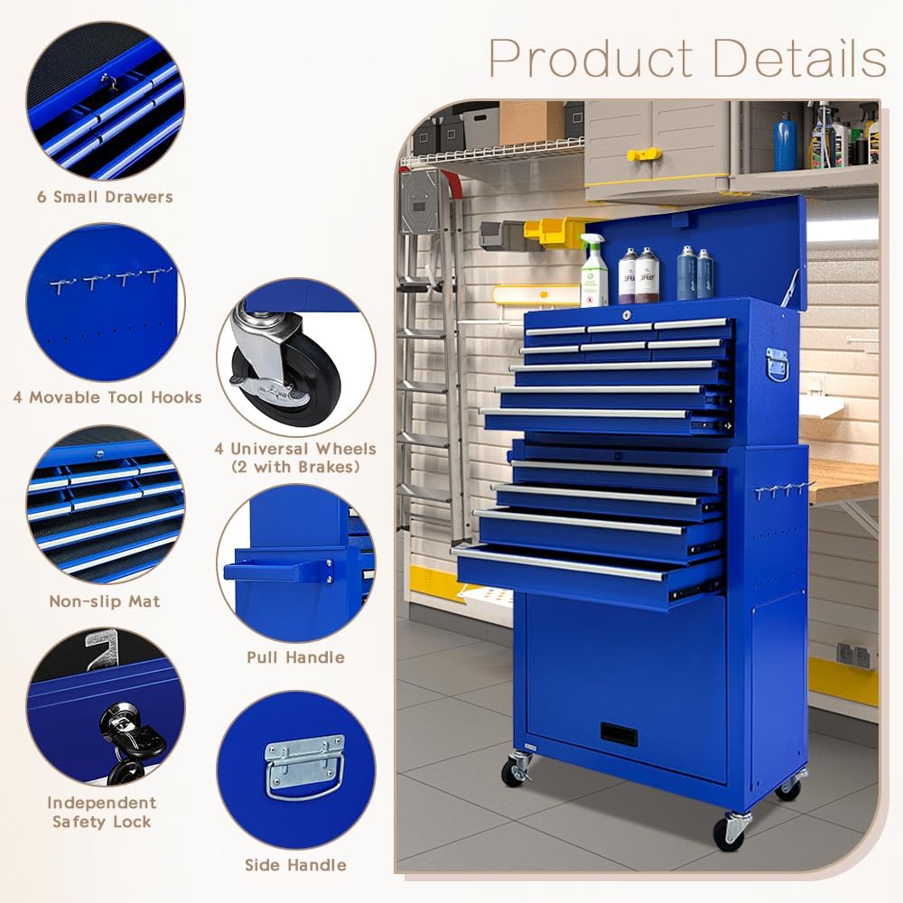 13-Drawer Tool Chest with Tool box and wheels, Large Detachable Toolbox with Sliding Drawers, Mechanic Storage Cabinets, Metal Tool Cart for Garage Workshop (Blue)
