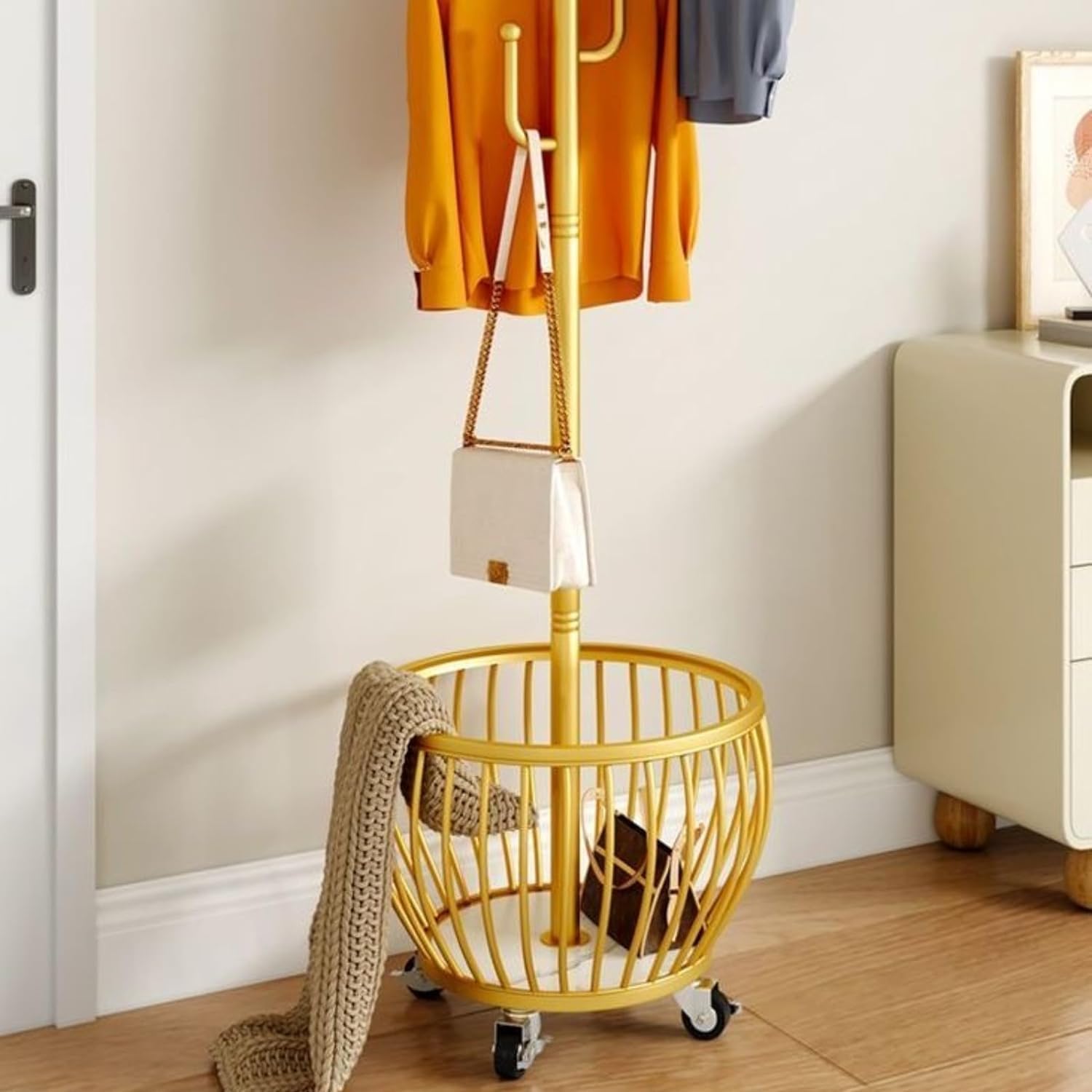 Clothes Rack Gold,Freestanding Coat Rack Modern Rolling Garment Rack with Wheels and Bottom Shelves,for Entryway, Hallway, and Closet Organization Metal Coat Rack (white+6 hooks)