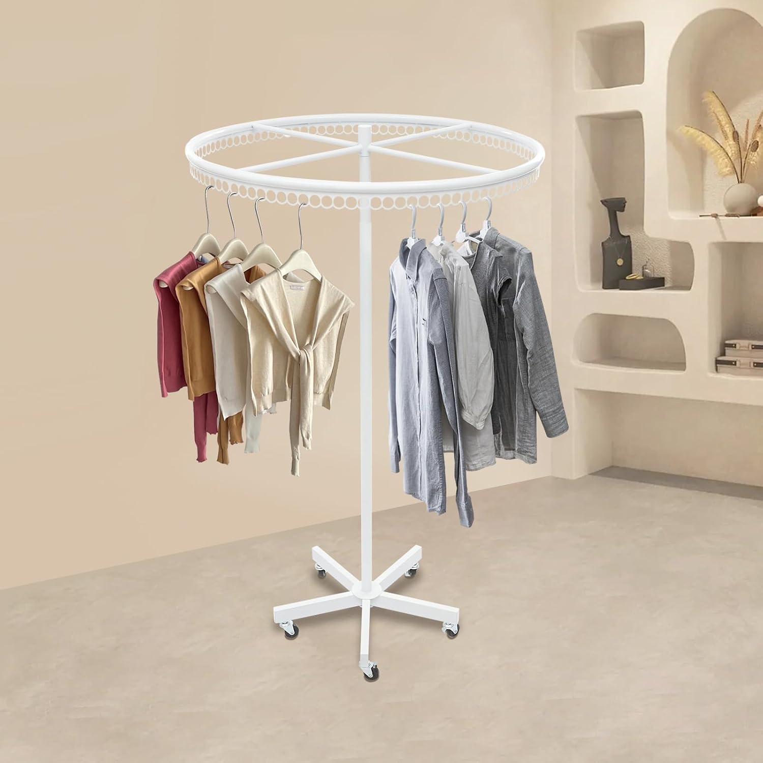 Rotatable Round Clothes Rack 360°Rotating Round Clothing Rack with Wheels Garment Display Racks for Shopping Centers, Clothing Stores 66lbs Capacity 45.7-74.8in Adjustable Height (White)
