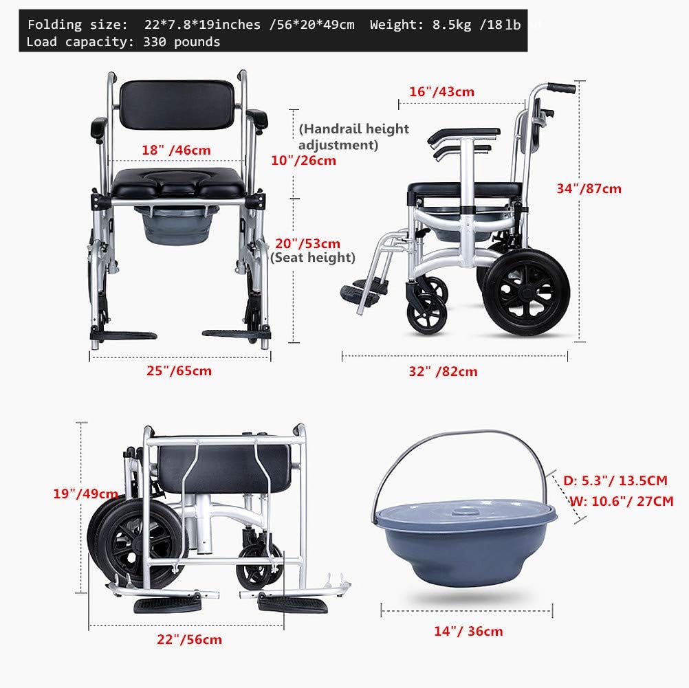 Mobile Shower Chair, 4-in-1 Toilet Commode Wheelchair with Brakes, Removable Pedal, Adjustable Armrest, PU Backrest Cushion and Pail 330lb
