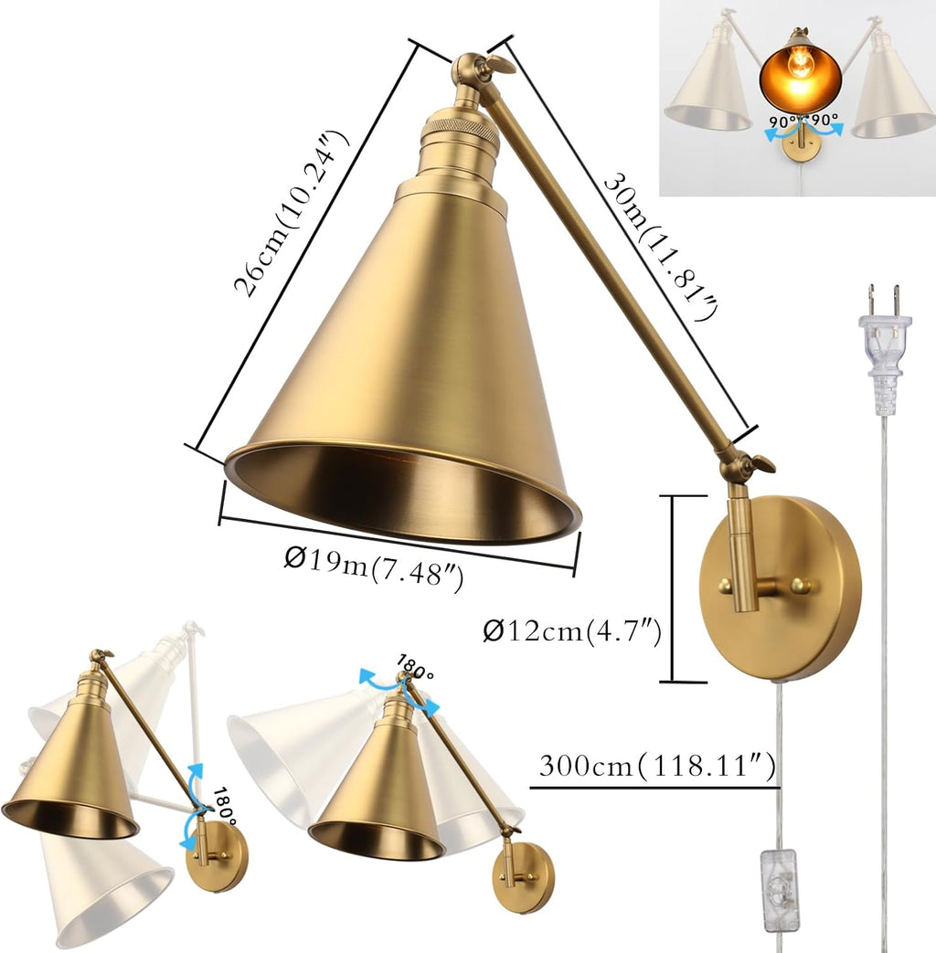 PERMO Wall Sconce Set of 2 Plug in Metal Wall Sconces Swing Arm Wall Light with Flared Metal Shade for Bedside Bedroom (Antique Gold)