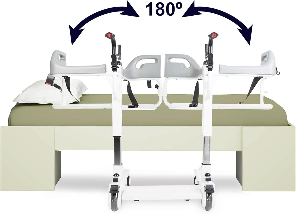 KMINA Patient Transfer Chair (Seat can be Raised up to 23 in), Commode Toilet Chair with Wheels, Bedside Chairs for Elderly - Not Suitable for Shower