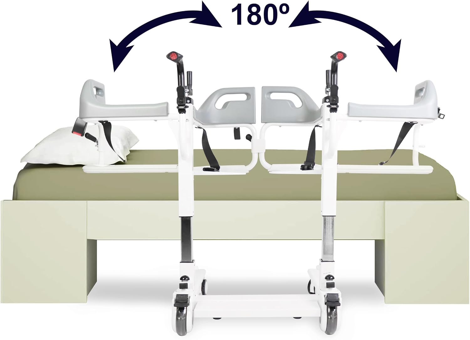 KMINA Patient Transfer Chair (Seat can be Raised up to 23 in), Commode Toilet Chair with Wheels, Bedside Chairs for Elderly - Not Suitable for Shower