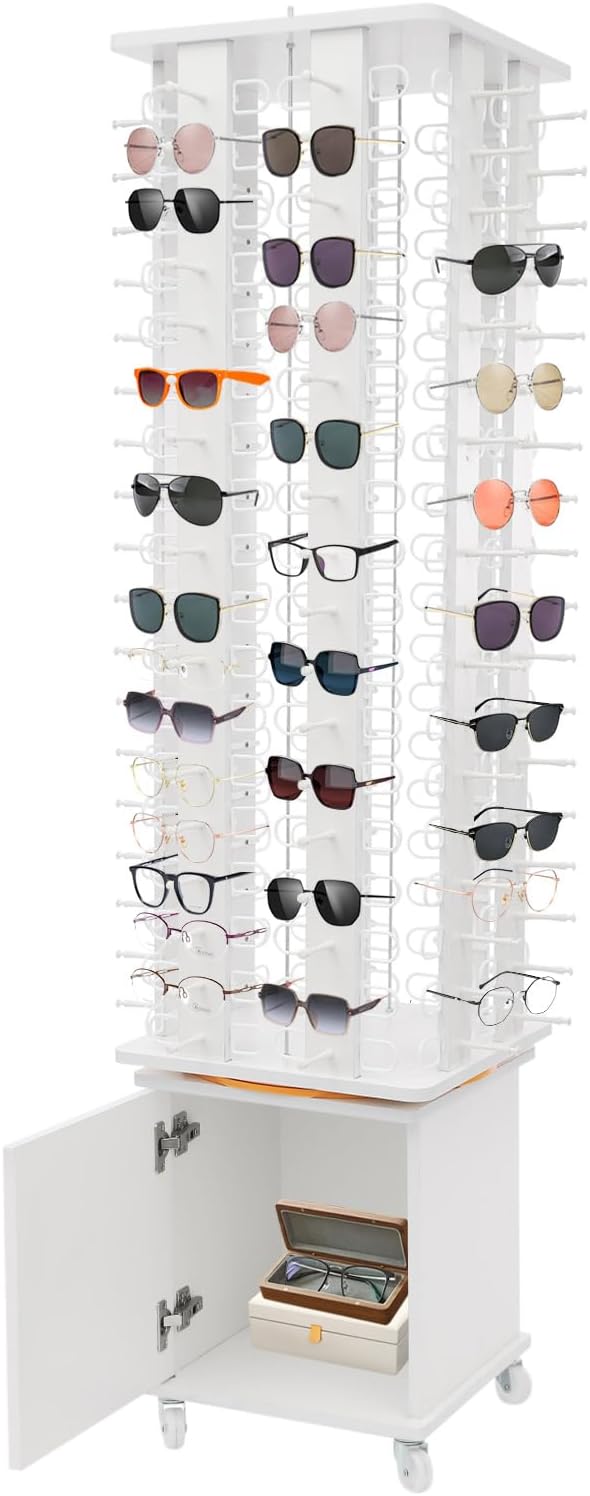 144 Capacity Eyeglass Display Stand 360° Rotating Sunglasses Rack Organizer Holder with Base Square Freestanding Countertop Spinner for Retail Boutique (White, 144 Pairs)