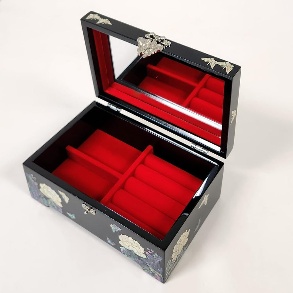 Antique Alive Mother of Pearl Inlay Design Jewelry Box, Wood Jewelry Box, Trinket Case, Keepsake Treasure Chest Box Organizer Holder (Peony Flowers)