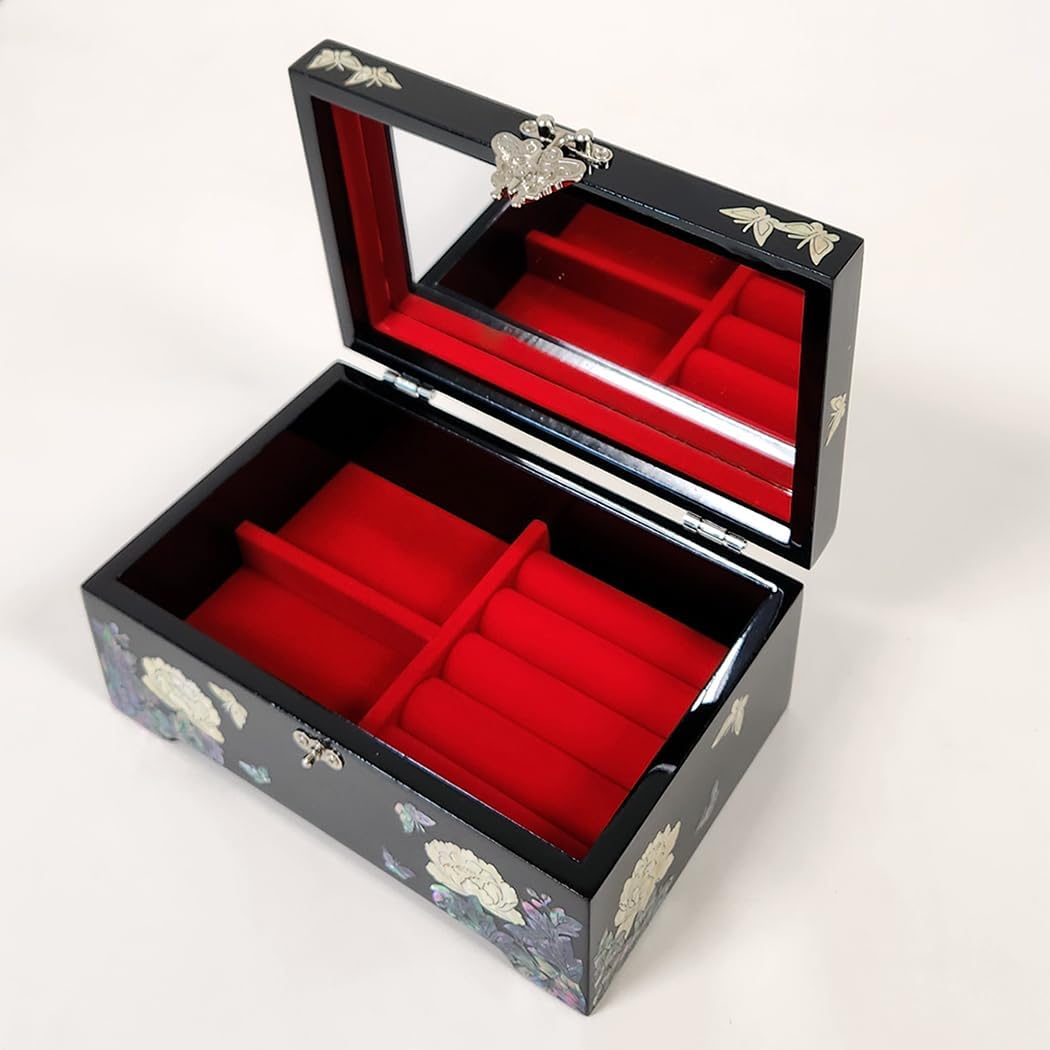 Antique Alive Mother of Pearl Inlay Design Jewelry Box, Wood Jewelry Box, Trinket Case, Keepsake Treasure Chest Box Organizer Holder (Peony Flowers)