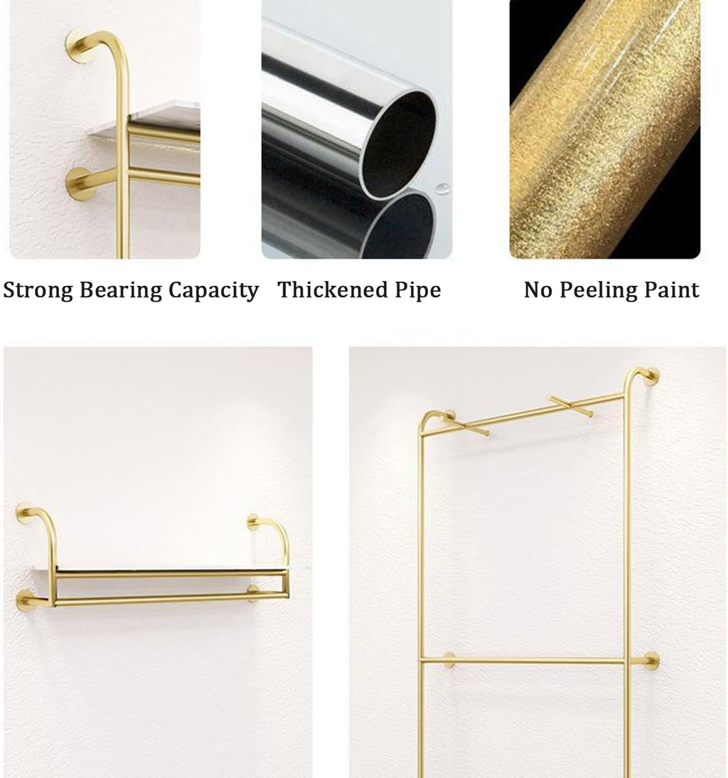 Double Layer Gold Clothes Rack, Wall Mounted Floor Clothing Rack, Heavy Duty Pipe Garment Rack, Metal Clothing Display Stand Rod for Boutique Retail Bedroom,120cm