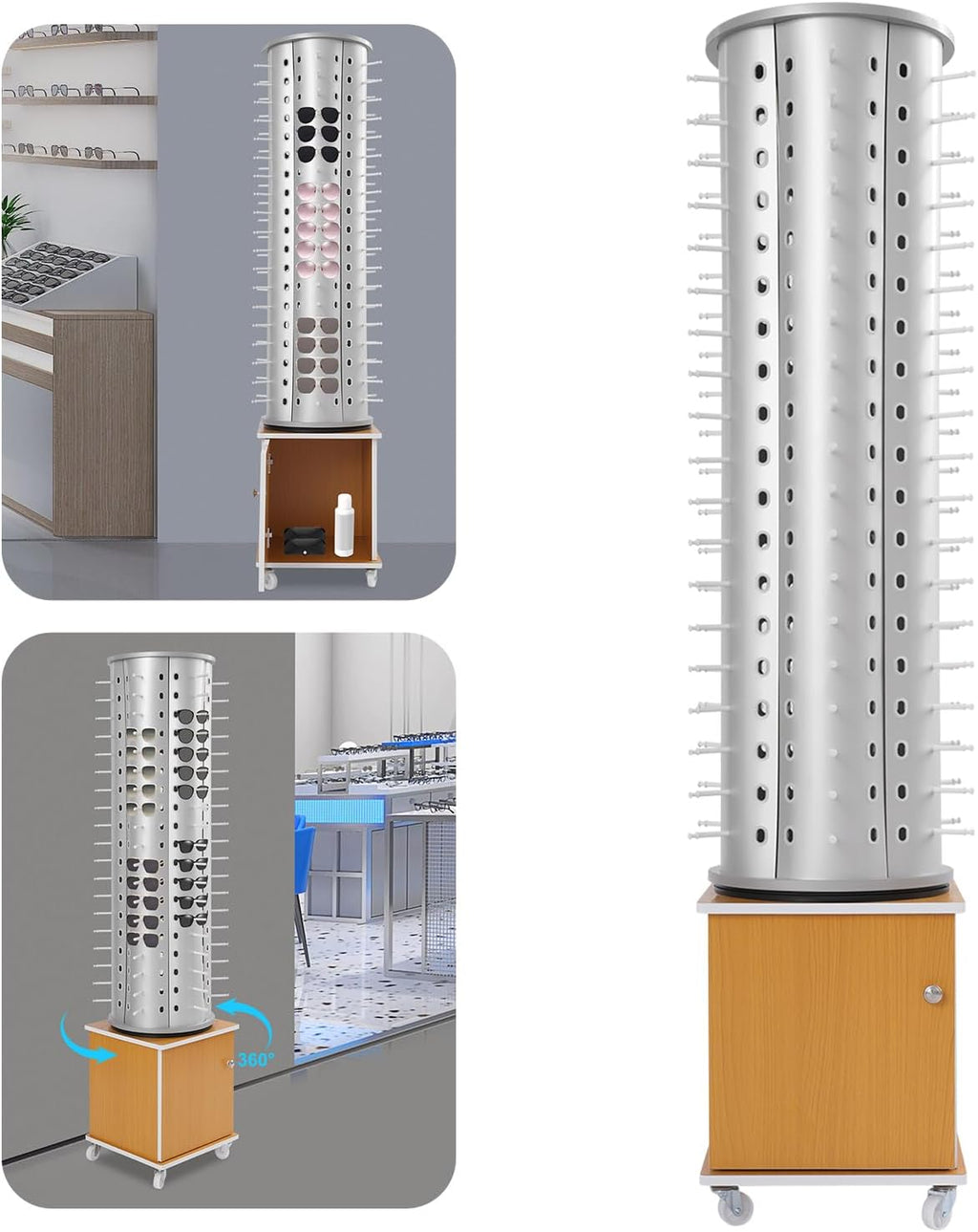 Glasses Display Stand, 114-Pair Eyewear Storage Rack for Sunglasses & Reading Glasses, 360°Swivel Commercial Eyeglass Organizer for Optical Shop, Jewelry Store, Retail Display (Silver+Yellow)