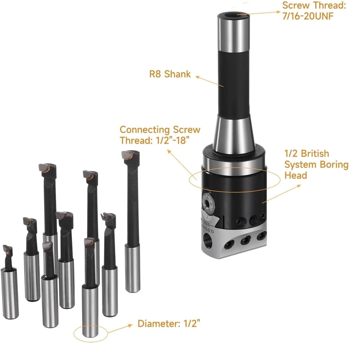 2' Boring Head Set Including A R8 Shank 1/2' Carbide Boring Bars Allen Wrenches Boring Head Milling Set Carry Case Lathe Tools