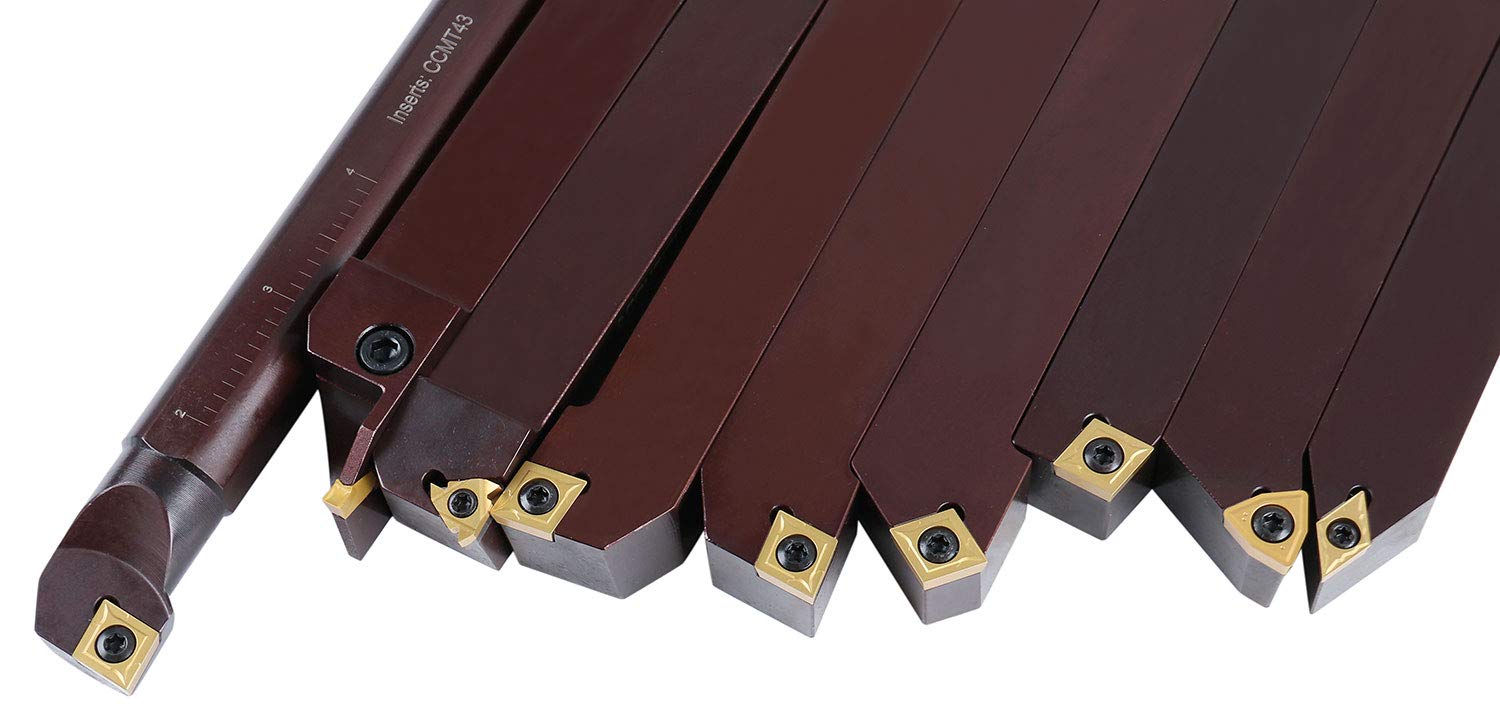Accusize Industrial Tools 1' 9 Pieces/Set, Indexable Carbide Turning Tools and Boring Bar, 2988-0001 | TiN-Coated C6 Carbide Inserts for Steel, 9-Piece Indexable Turning and Boring Set