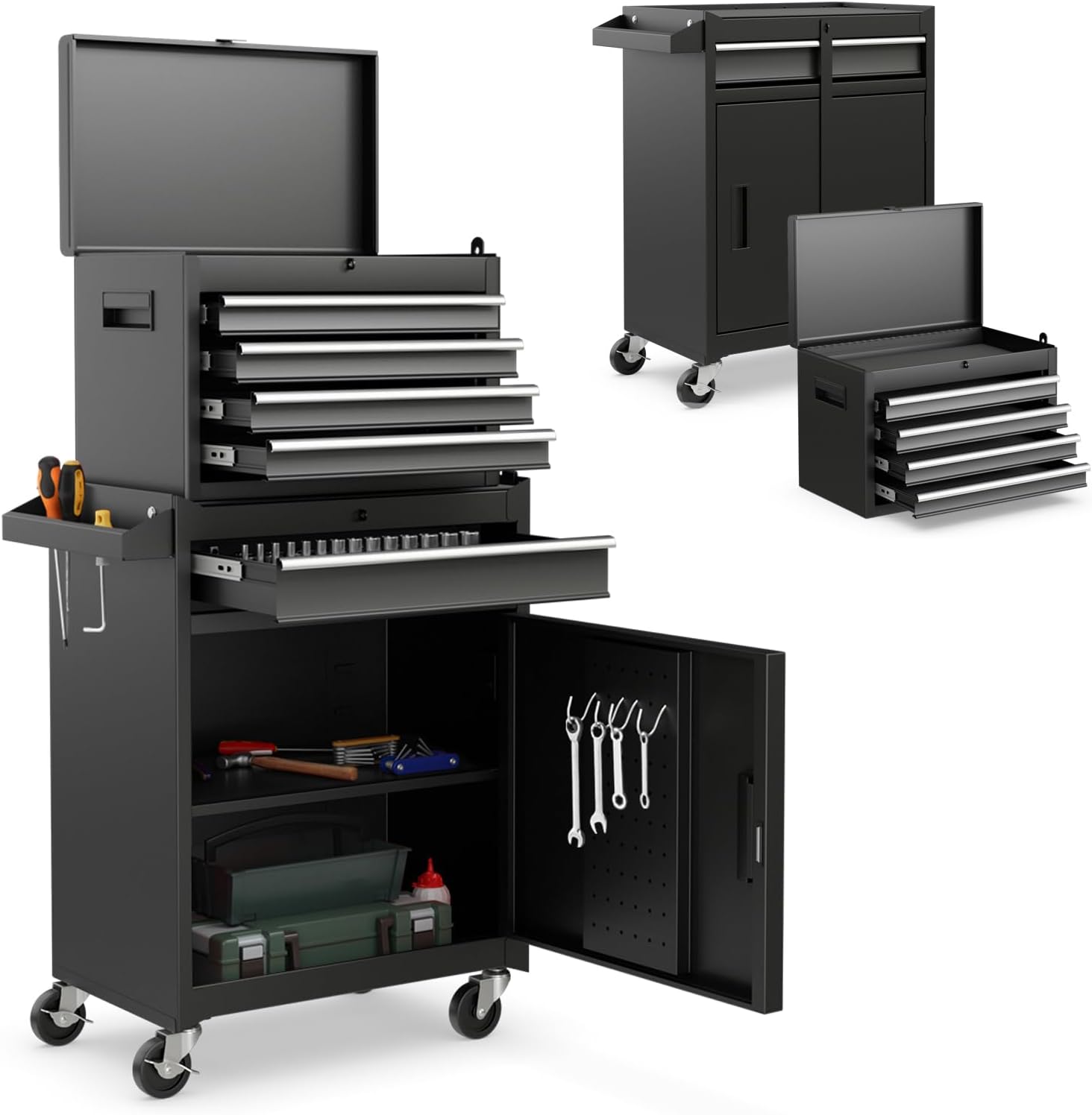 IRONMAX 5-Drawer Rolling Tool Chest, 2-in-1 Detachable Heavy Duty Tool Box Storage Cabinet with Auto Lock, Adjustable Shelf & Hooks, Metal Toolbox on Wheels for Garage Workshop (Black)