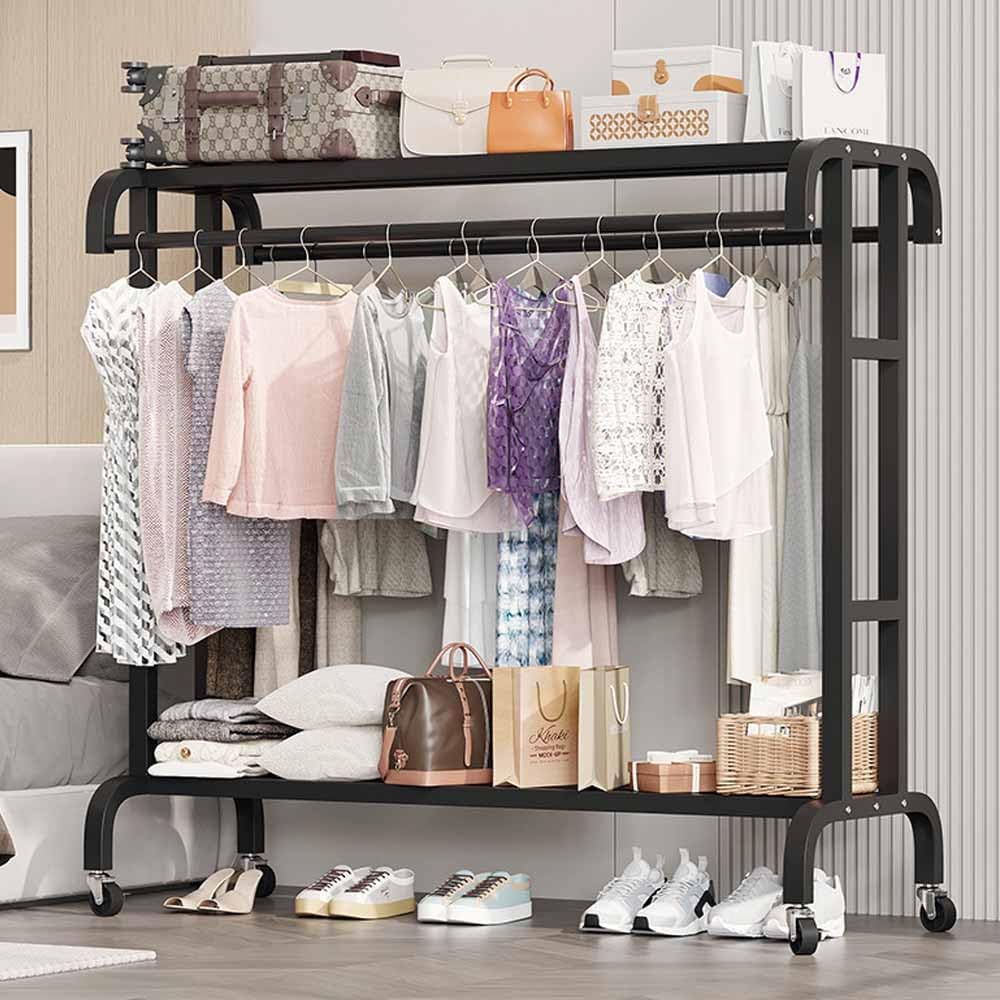 Heavy Duty Metal Clothes Rack, Double Rods Rolling Hanging Clothing Rack, Industrial Pipe Clothes Organizer on Wheels for Home and Retail,Black,150 * 50 * 150cm