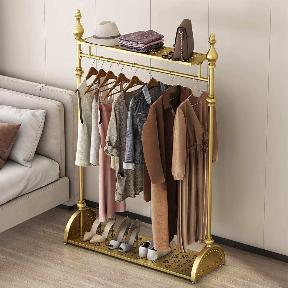Clothing Rack Gold, Freestanding Heavy-Duty Garment Rack with Double Storage Shelves, Mobile Metal Coat Rack & Shoe Organizer for Bedroom Entryway Closet