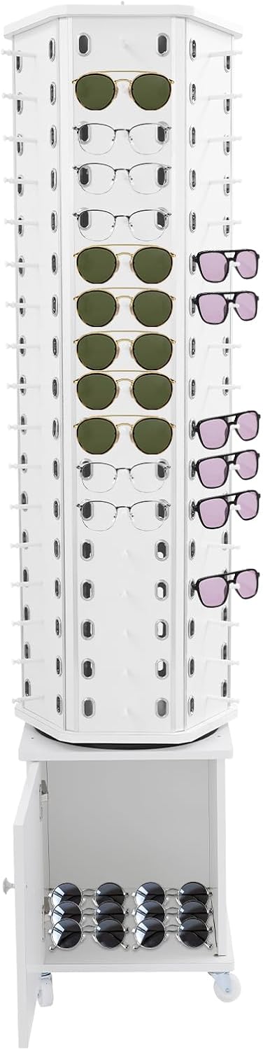 102 Pairs Glasses Sunglasses Display Stand, 360° Rotating Glasses Storage Display Rack with Cabinet, Floor Sunglasses Display Rack with Wheels, 66.14in Height with Wheels (White)