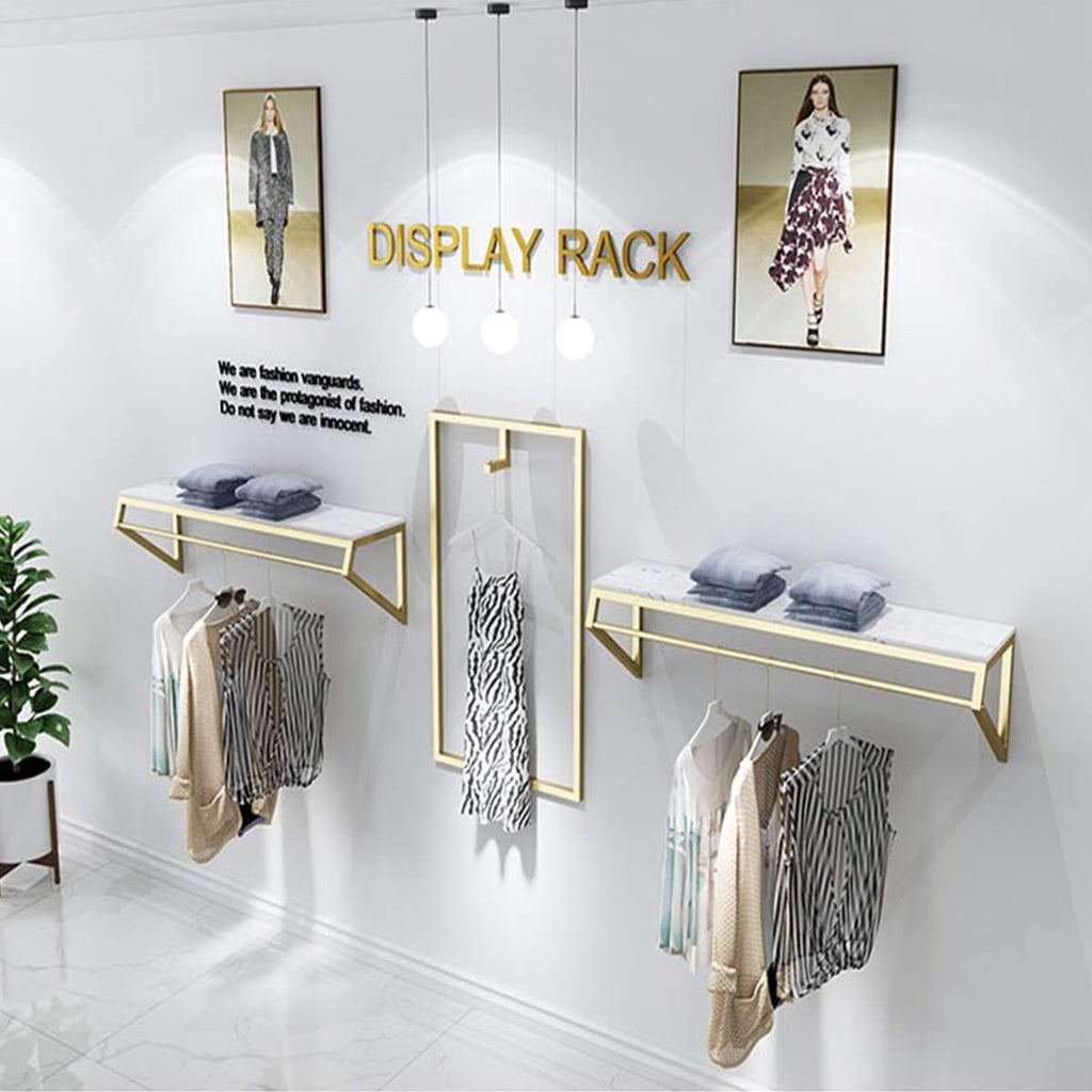Modern Simple Men's and Women's Clothing Store Heavy Duty Metal Display Shelf,Wall-Mounted Garment Rack with Wood,Clothes Rail,Bathroom Hanging Towel Rack (Gold Square Tube, B-47.2' L)