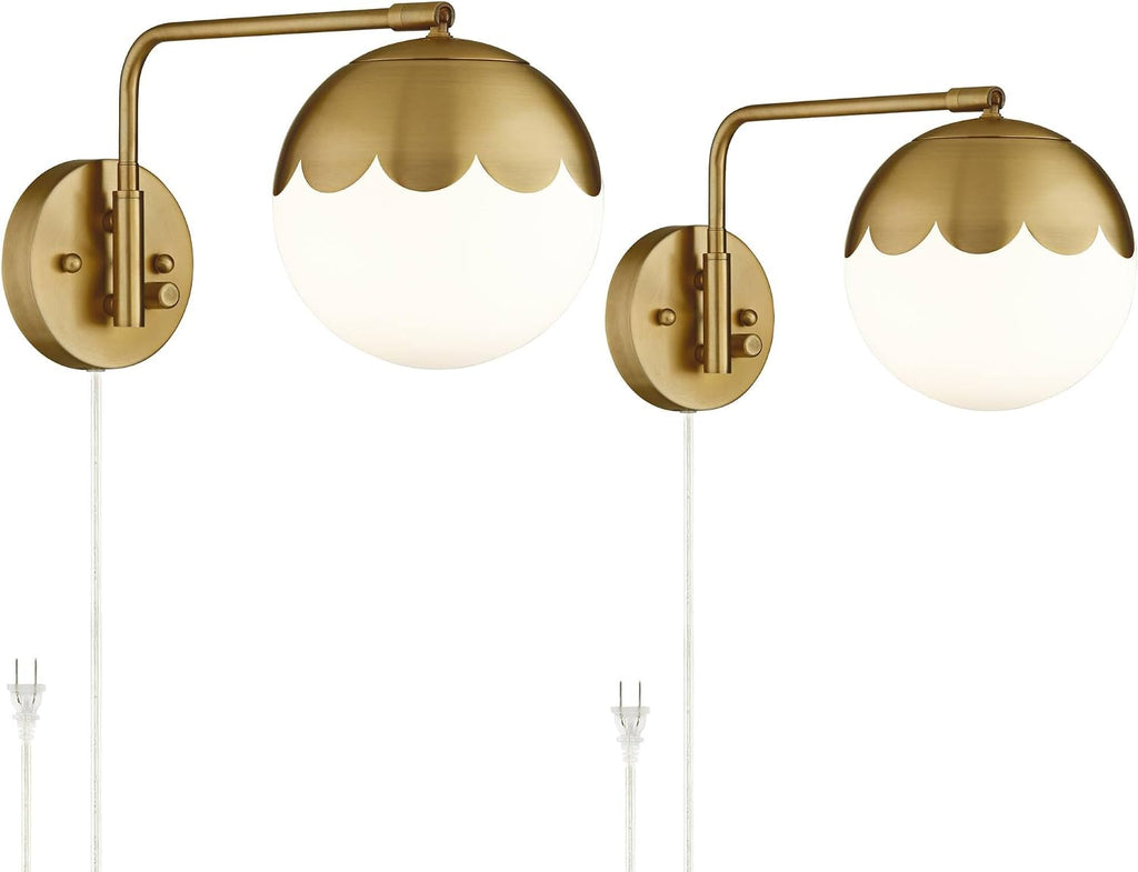 360 Lighting Kelowna Modern Swing Arm Wall Lamps Set of 2 Antique Brass Metal Plug-in Light Fixture Round Glass Globe Shade for Bedroom Bedside House Reading Living Room Home Hallway Dining