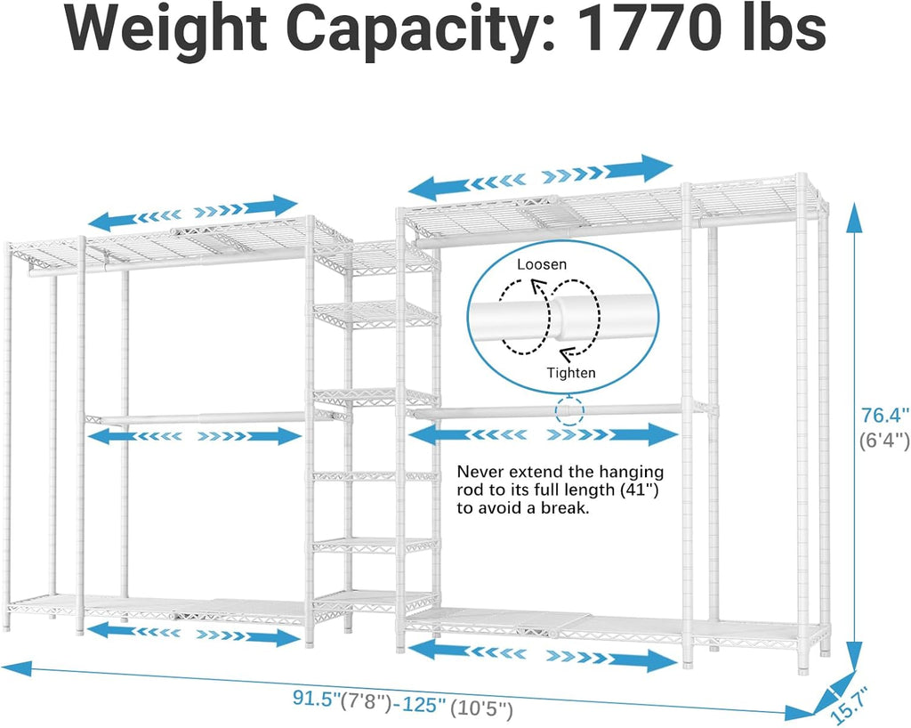 VIPEK X5 Extra Large Expandable Clothes Rack Adjustable from 7'8' to 10'5', Reach-in Closet Metal Clothing Racks Walk-in Freestanding Wardrobe Portable Closets, White