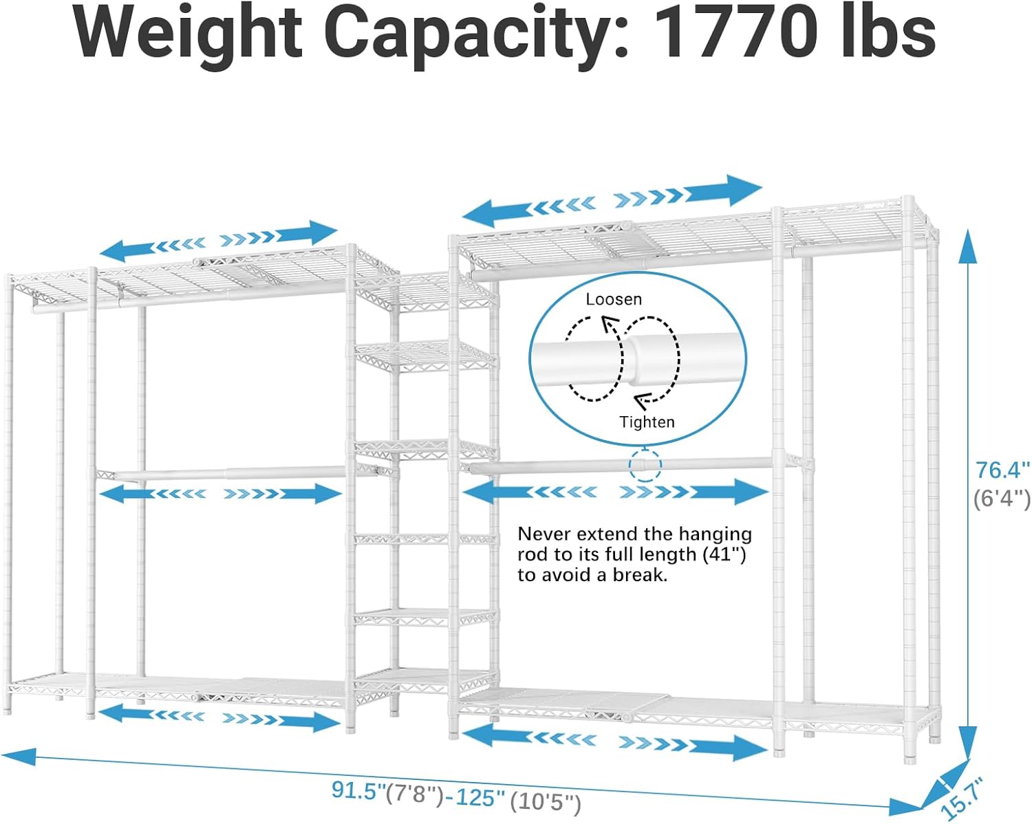 VIPEK X5 Extra Large Expandable Clothes Rack Adjustable from 7'8' to 10'5', Reach-in Closet Metal Clothing Racks Walk-in Freestanding Wardrobe Portable Closets, White