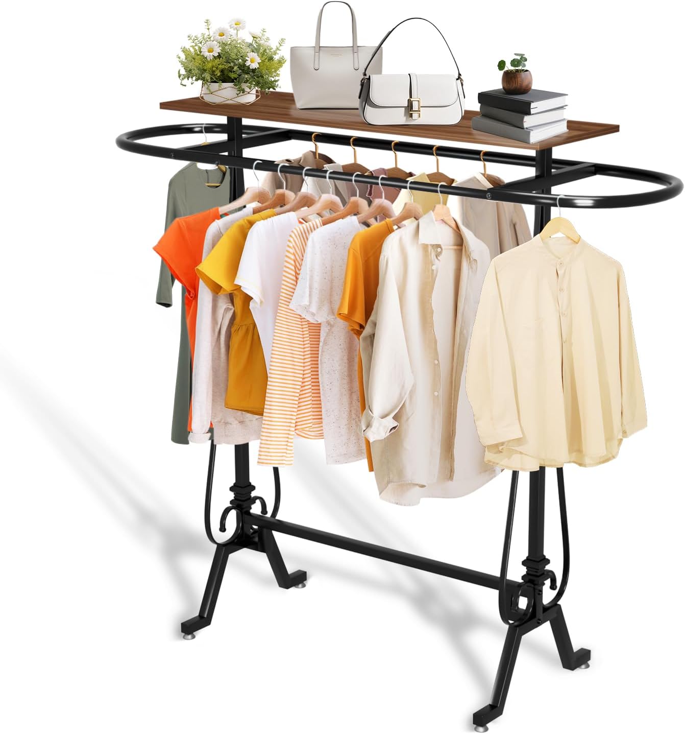 Round Garment Rack, Floor Standing Clothes Retail Display Stand, Oval Iron Clothing Rack with Wooden Topper, Suitable for Boutique Home Commercial Shop (Brown)