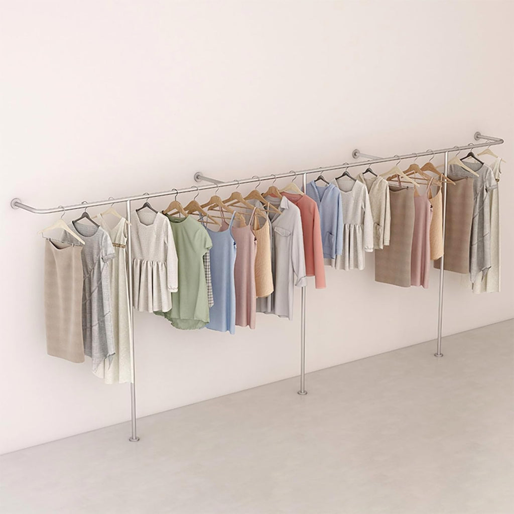 Creative Clothing store clothes Rail Silver Wall mounted Garment Racks, industrial pipe clothing rack T-shaped retail garment display stand, Heavy Duty Closet Storage Organizer Towel Hanging Bar