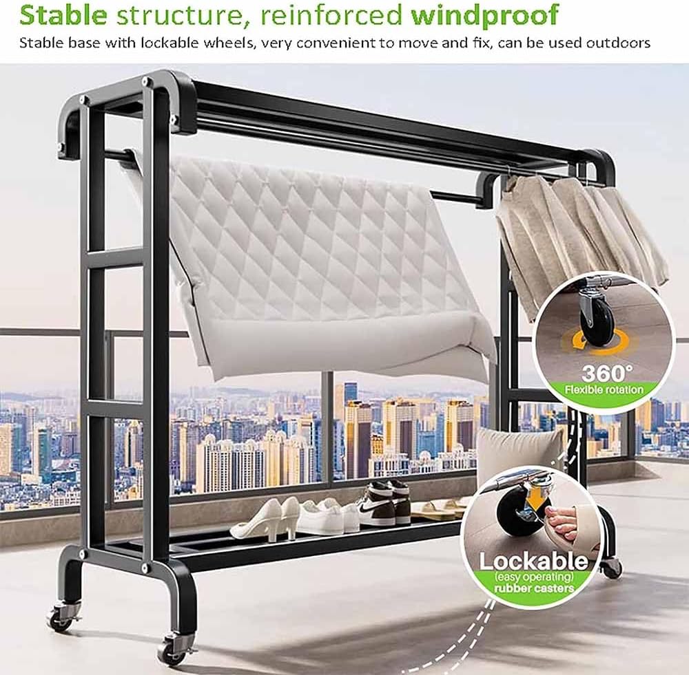 Heavy Duty Metal Clothes Rack, Double Rods Rolling Hanging Clothing Rack, Industrial Pipe Clothes Organizer on Wheels for Home and Retail,Black,150 * 50 * 150cm