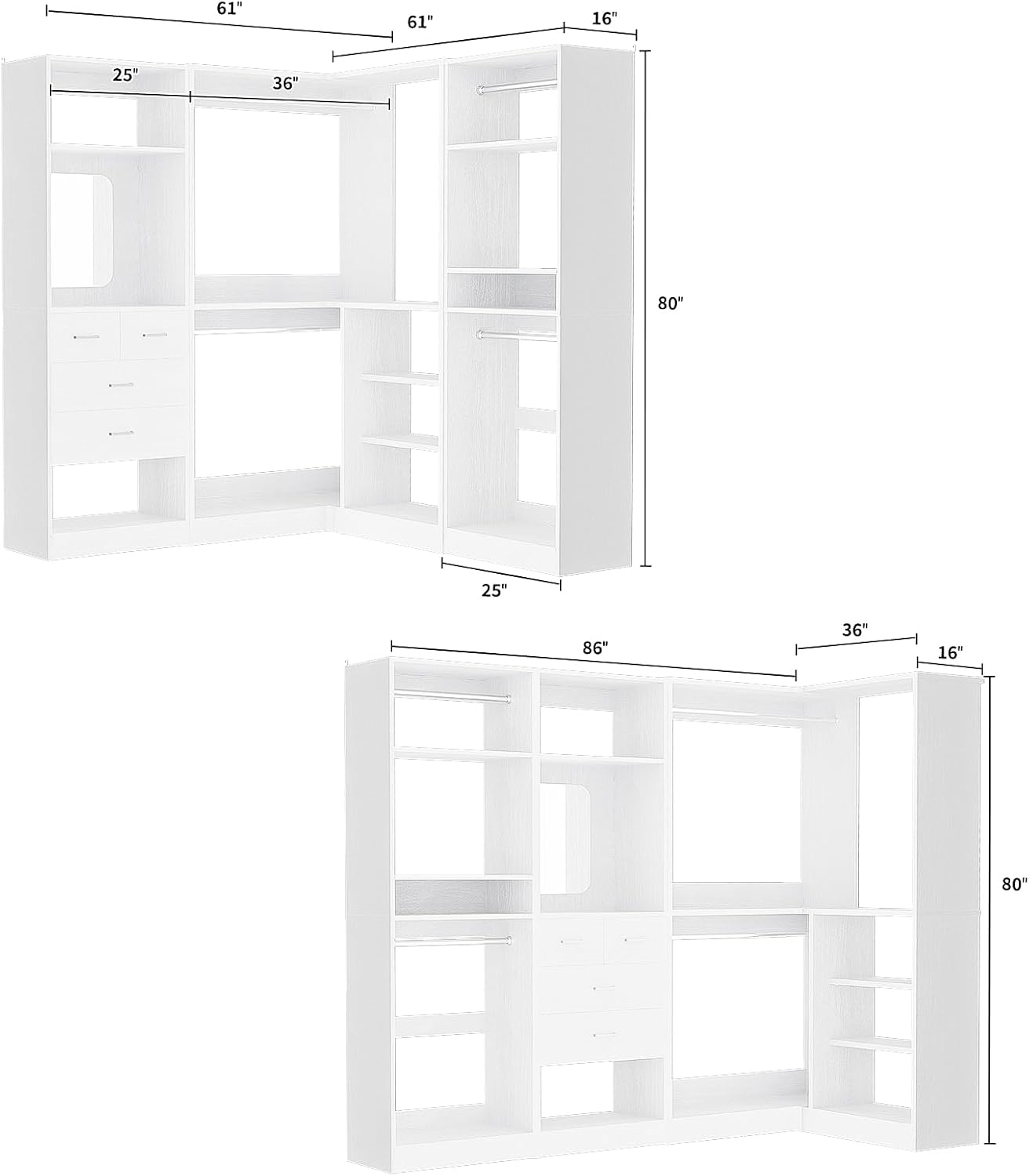 Unikito 86' Closet System, Large Corner Closets Organizer with Hanging Rods and Mirror Design, Freestanding Adjustable Wood Clothes Garment Rack with Drawers, Sturdy Walk in Closet Tower, White