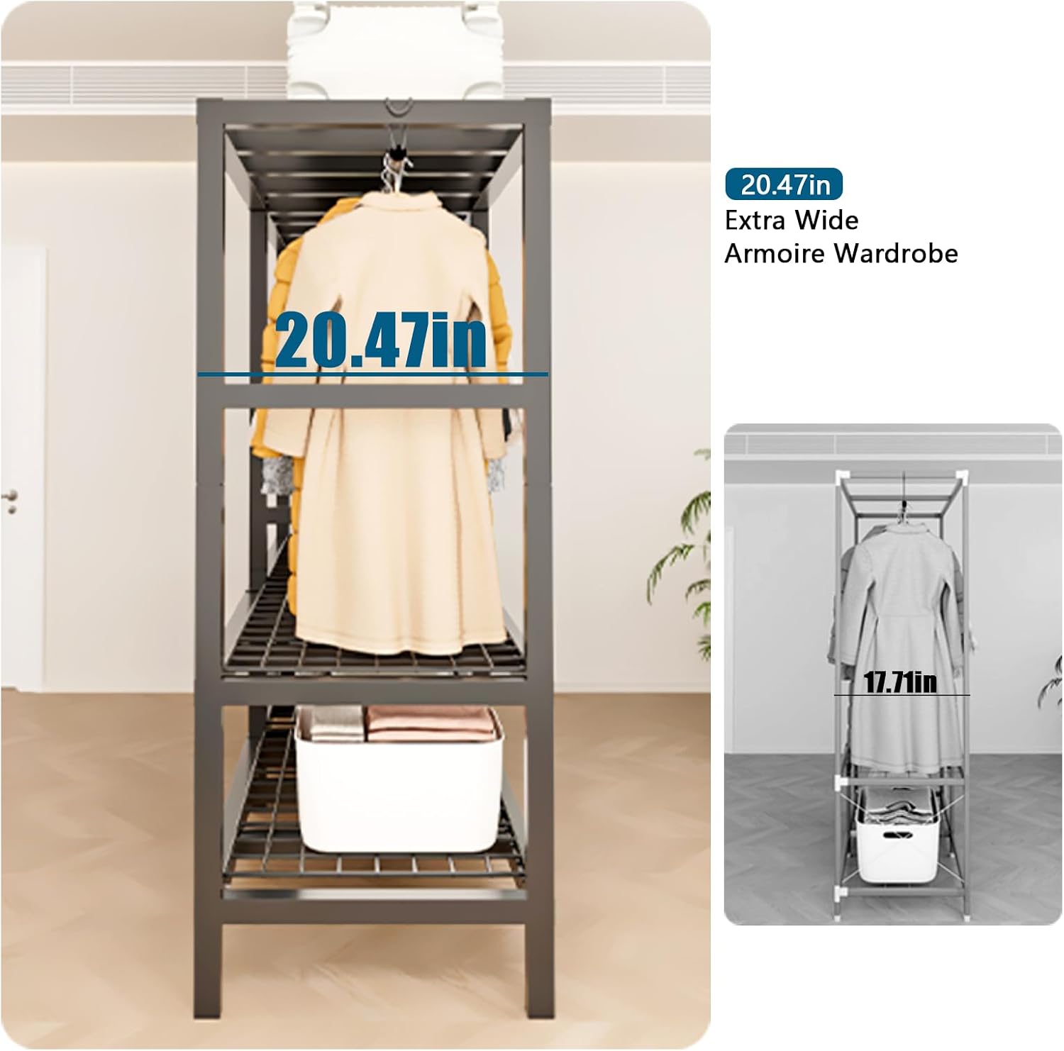 Rolling Clothes Rack with Magnetic Door, Metal Clothing Rack Load 2000lbs, Foldable Portable Wardbe Closet for Hanging Cloth, Garent Racks for Bedroom Closet Sytem (KT-CMX, 59.05in)
